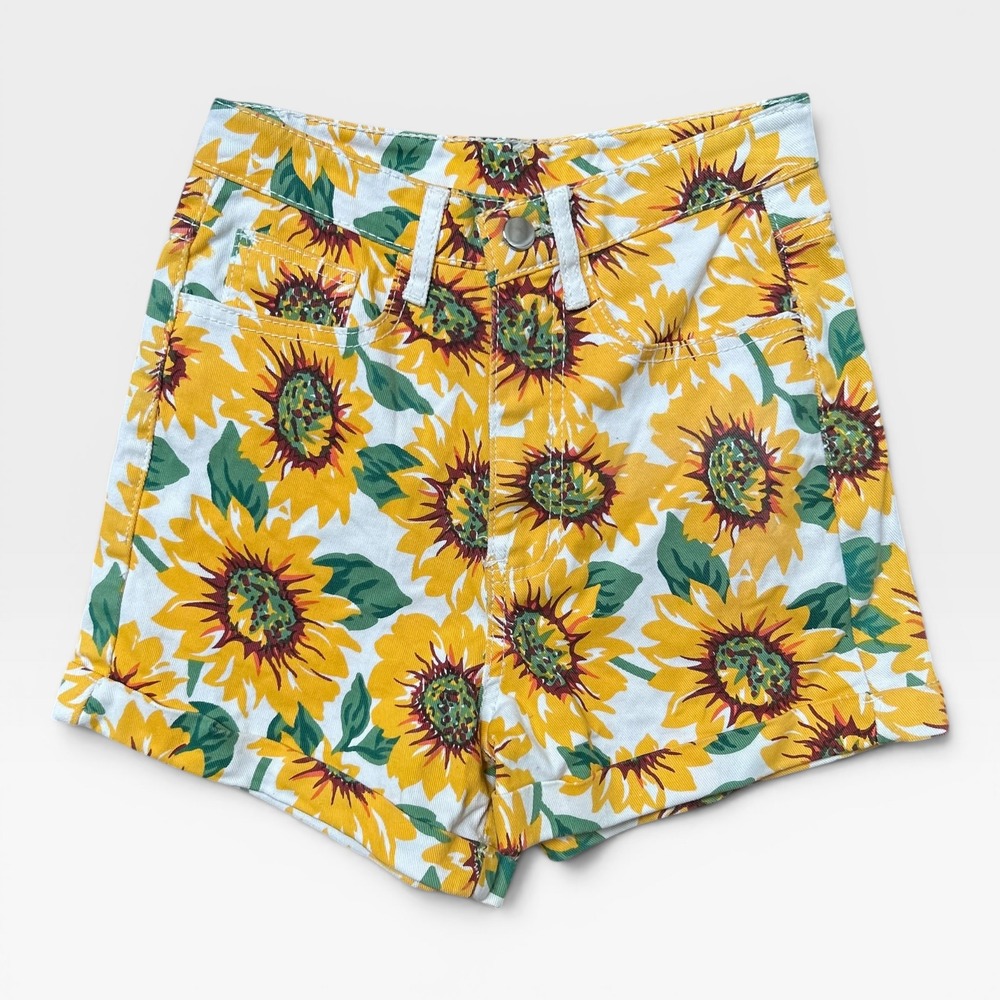 Sunflower Print High Waisted Cotton Denim Shorts Yellow White 26 NEW!!
